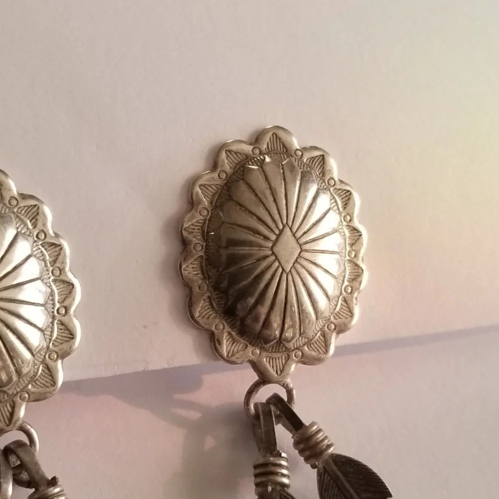 Vintage earrings Sterling Silver shield post Feather dangles 925 old pawn